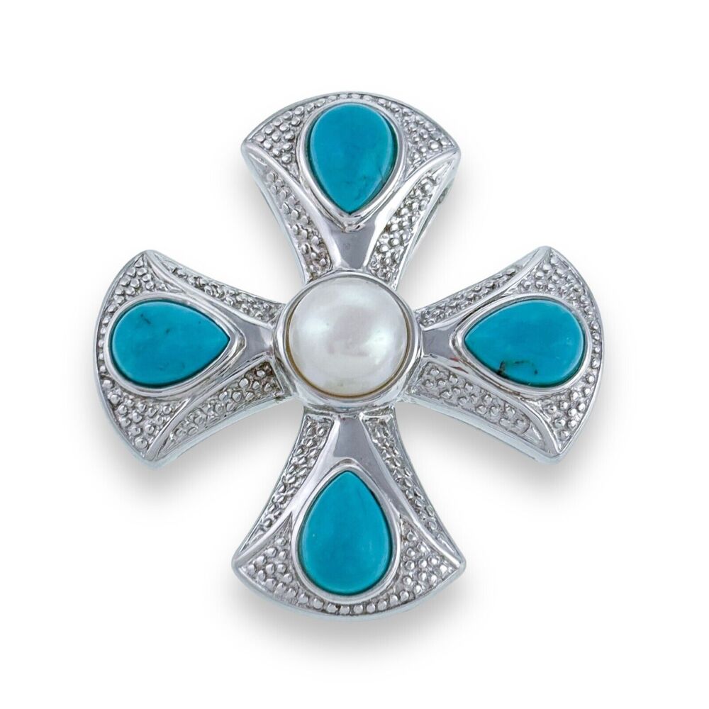 Estate Sterling Silver 925 Turquoise Pearl Modern Cross Pendant